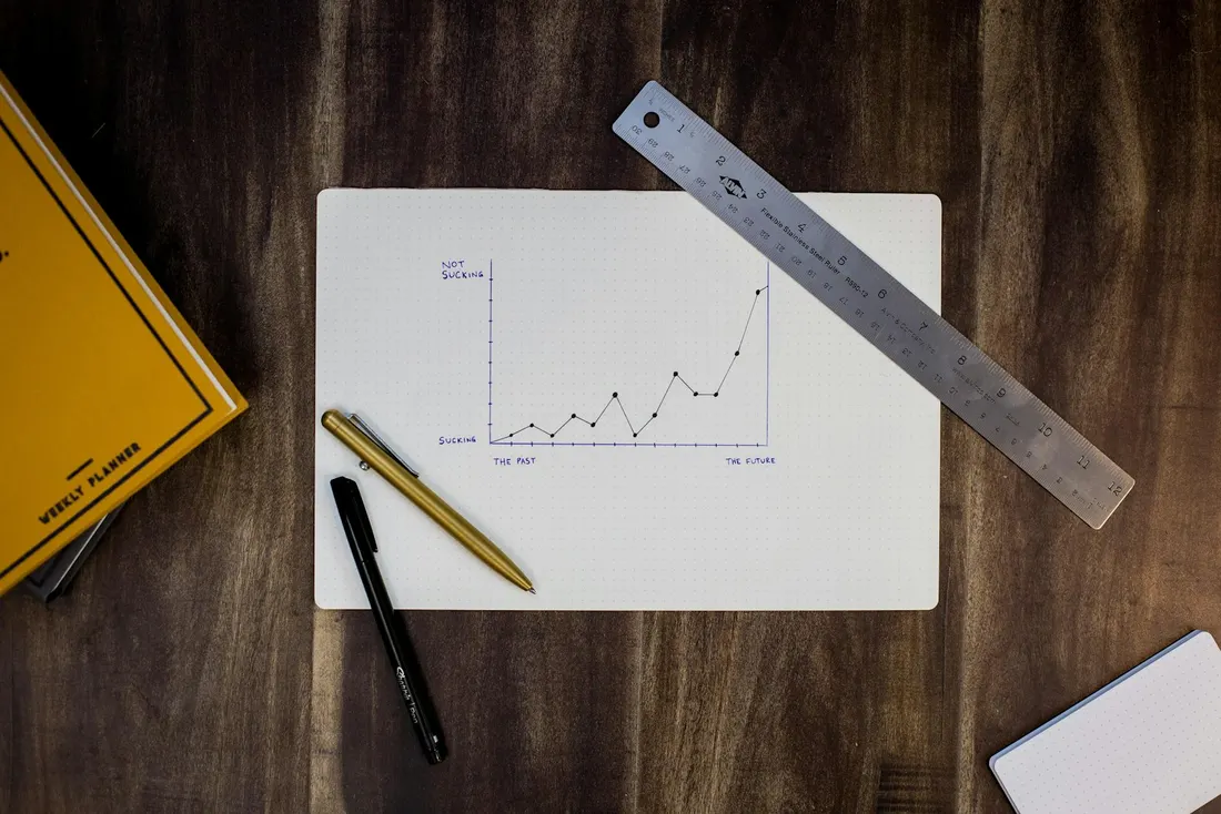 Hand-drawn growth chart on paper next to a ruler and pens